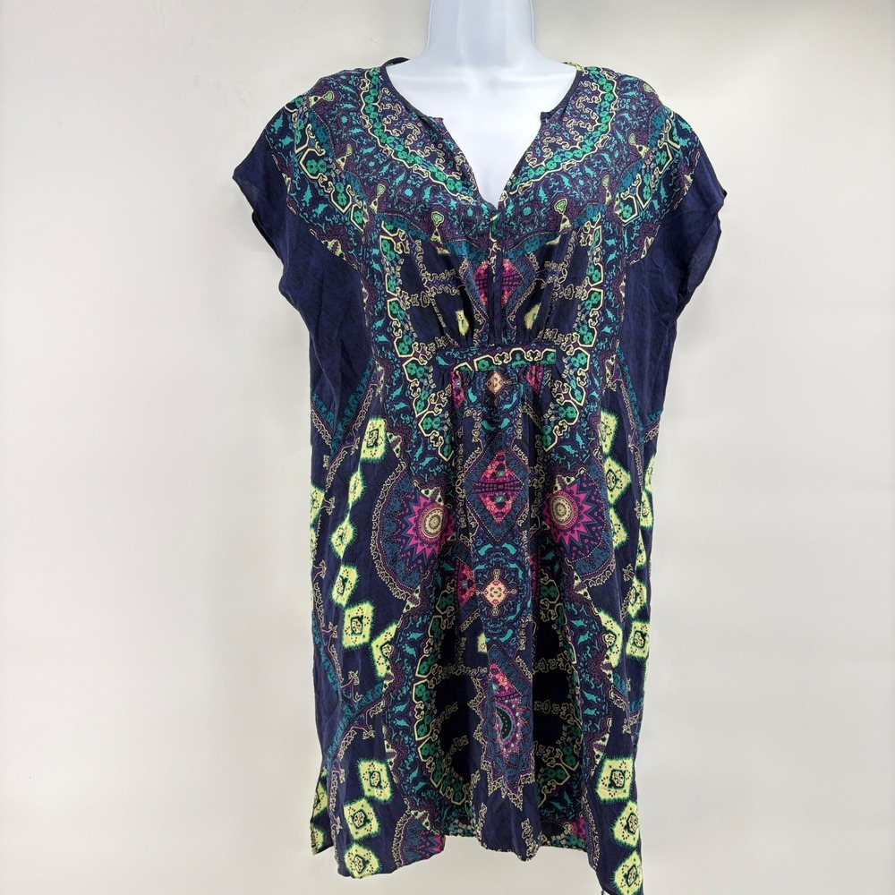 Maeve Anthropologie Silk Tunic Top XS Navy Blue Geometric Mandala Print V-Neck